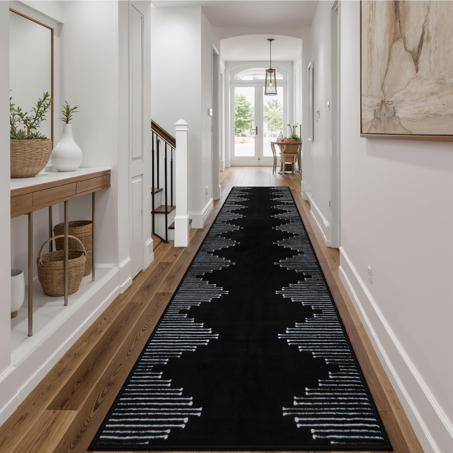 Seavish Runners for Hallways Non Slip 2.6x10 Low Pile Soft Black Carpet Runners Modern Geometric Faux Wool Entryway Rugs Indoor Decor Non Shedding