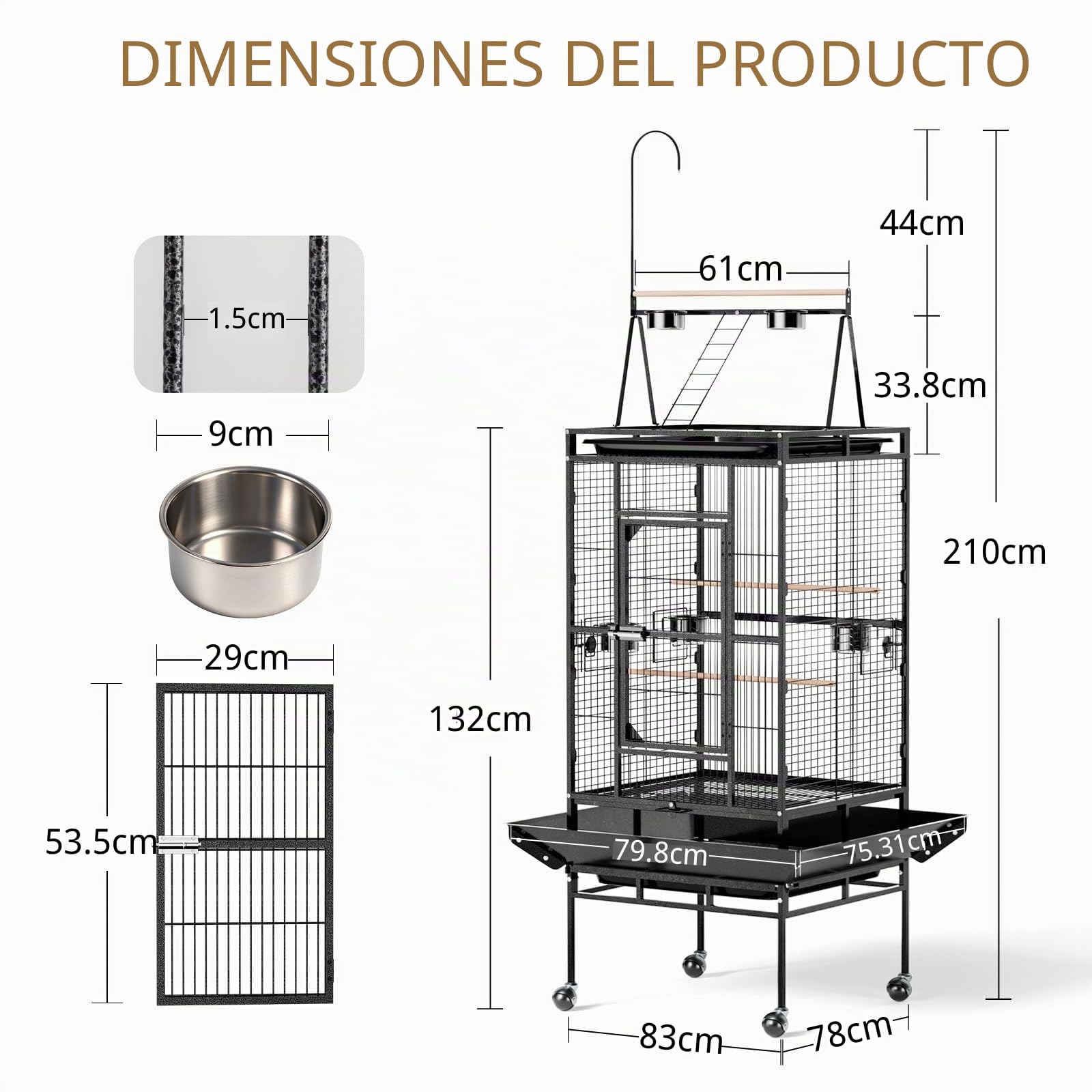 LEADZM - Jaula para pájaros con escalera superior y doble cuenco de alimentación, resistente y duradera, con 5 posiciones de alimentación, 83 x 78 x 210 cm