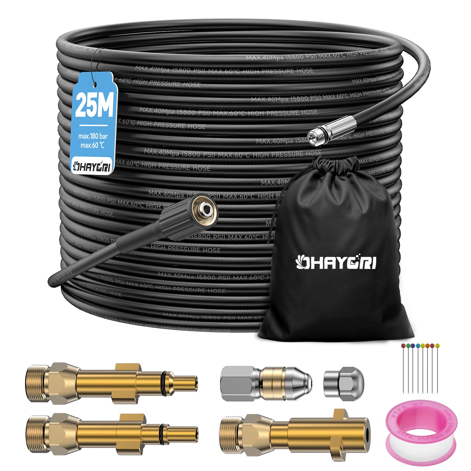 25M Sonda Sturatubi per Idropulitrice Karcher K2-K7, HD, HDS, Lavor, Bosch | 180Bar, 2 Ugelli: Fisso e Rotante, 3 Adattatori in Rame Resistenti all'Usura, per Karcher K2/K3/K4/K5/K6/K7 HD HDS e Parkside