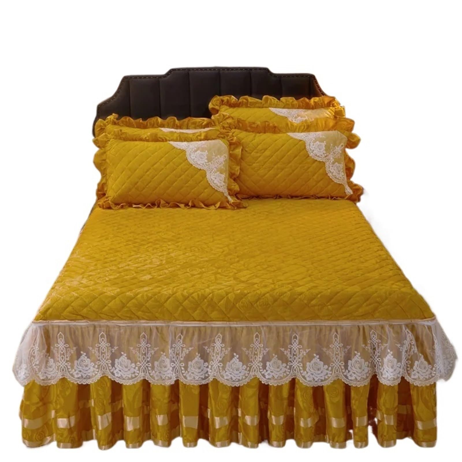 Winter Coral Fleece Zipper Removable Bedspread King Queen Thicken Velvet Quilted Bed Skirt Not Including Pillowcase(Yellow,1pc Skirt 180x200cm)