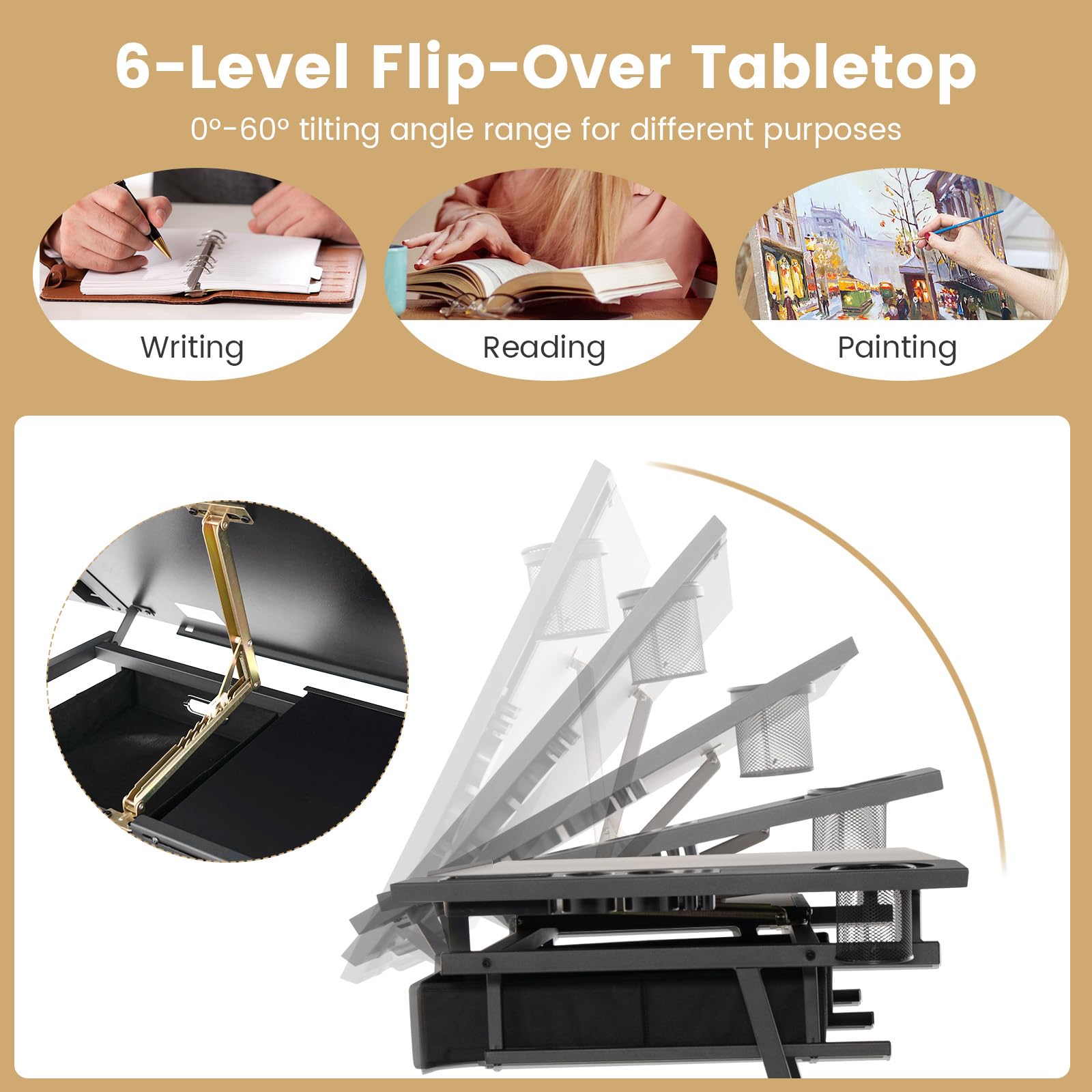 GIANTEX Mesa de Dibujo con Altura Ajustable 73,5-98 cm, Mesa de Pintura con Tablero Inclinable 6 Niveles, 2 Cajones, Mesa Lateral Extensible, Escritorio con Taburete para Artes, Arquitectos (Negro)