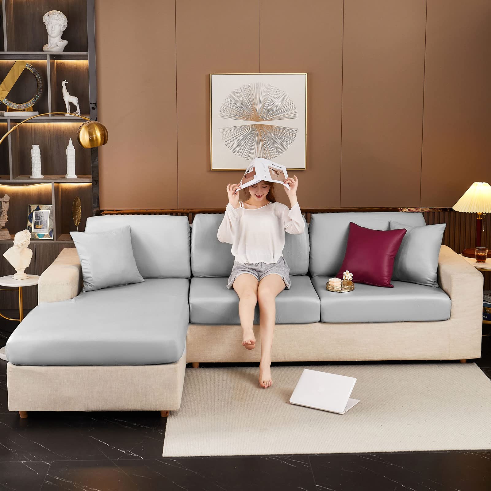 BAOFI Waterproof Sofa Cover for Sectional Couch with Chaise, Slipcover for Couch Cushions, Couch Cover for Dogs Cat Pet Stretch Waterproof PU Leather Fabric (Light Grey Large Cushion Cover 1 Person)