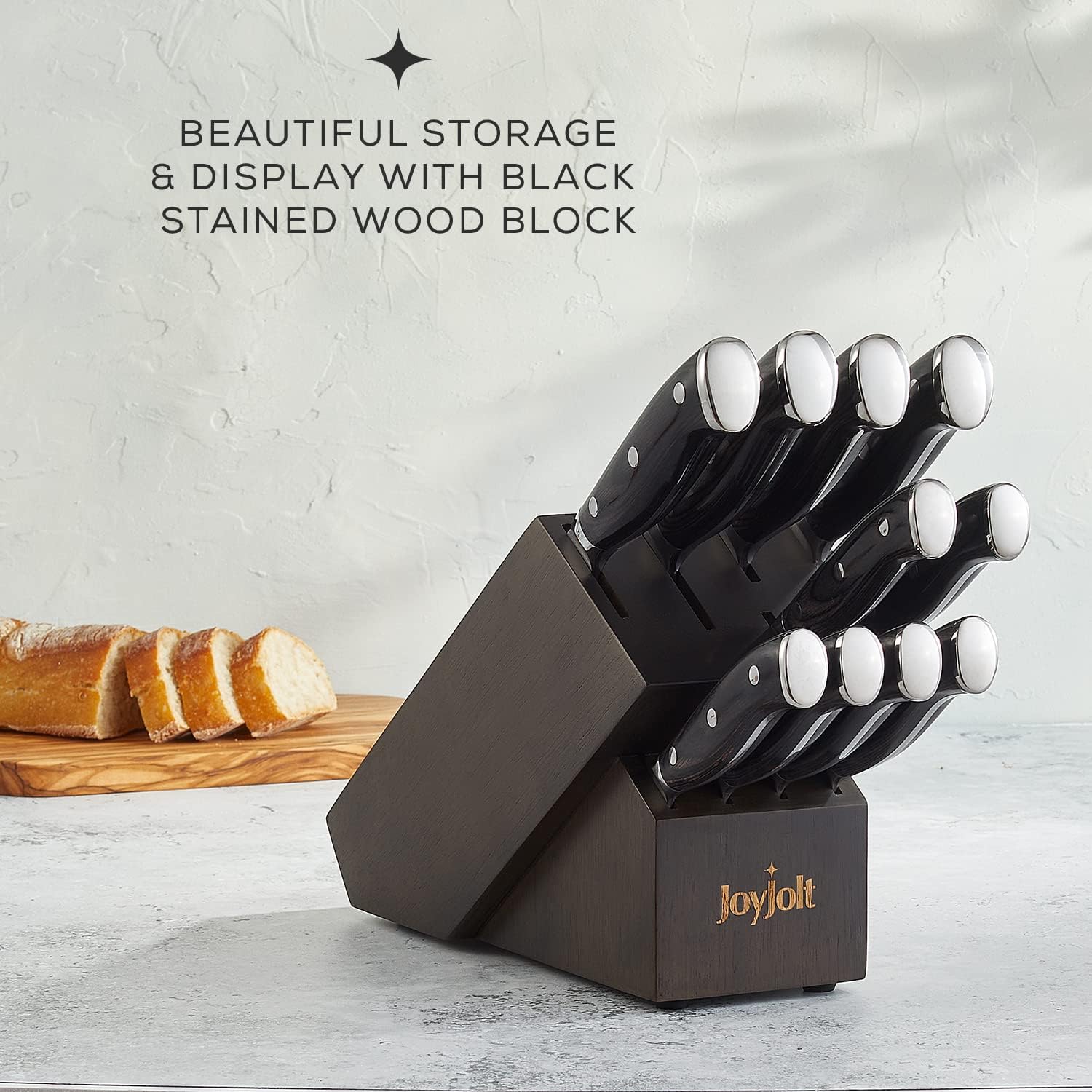 JoyJolt 11pc Kitchen Knife Set with Block. High Carbon, x50 German Steel Knives Set for Kitchen with Chef, Bread, Slicing, Nakiri, Utility, Paring and 4pc Steak Knife Set for Black Kitchen Decor