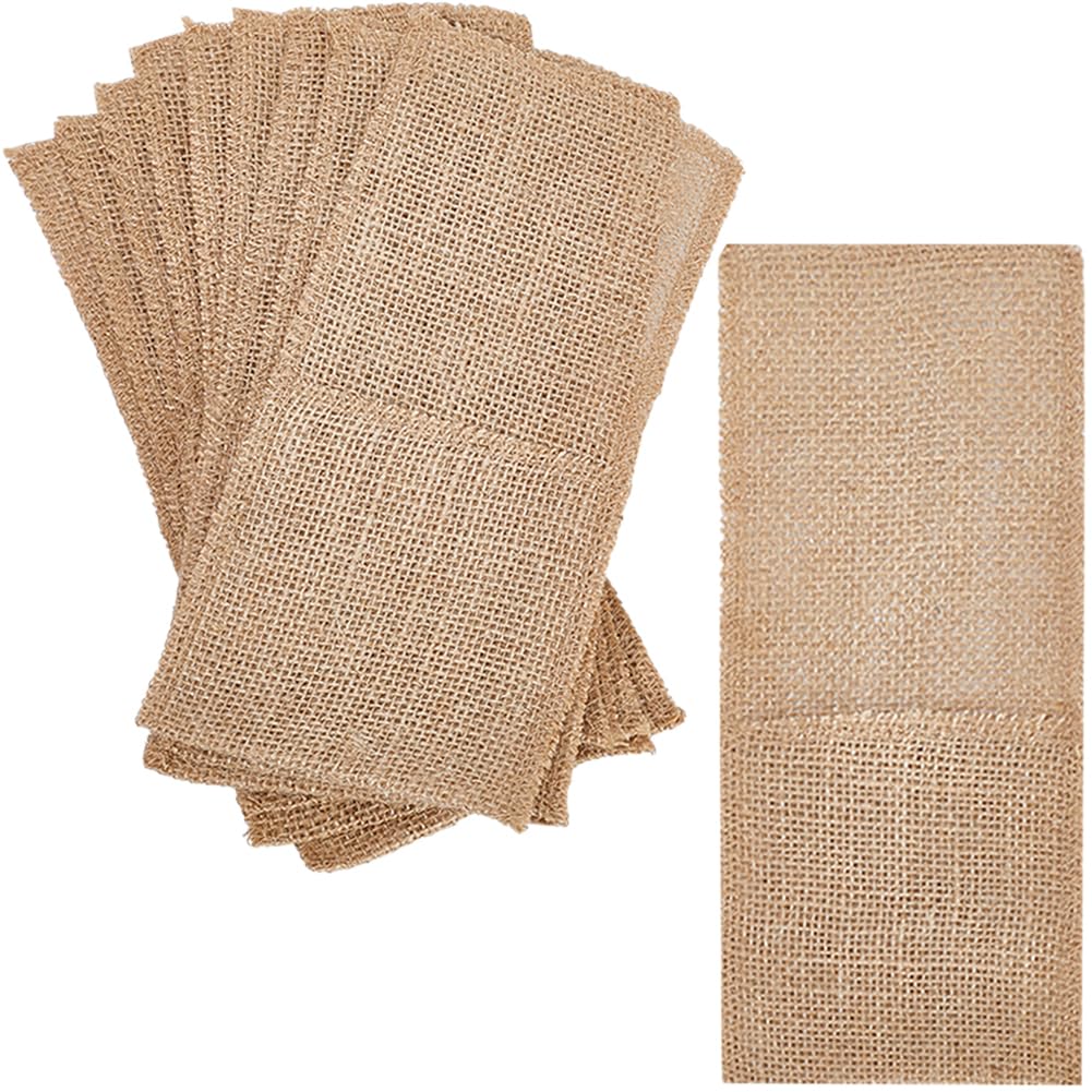 GORGECRAFT 10Pcs Burlap Utensil Holder Pouch 10x22cm Fork Napkin Silverware Holder Bag Cutlery Pouch Vintage Natural Pocket for Wedding Party Tableware Decoration Farmhouse Gift