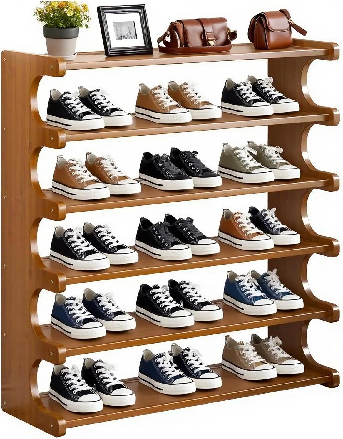 KNERS Bamboo Shoe Rack, Multi-Layer Space-Saving Shoe Organizer for Entryway, Bedroom or Living Room, Stable & Easy to Install, 3-Tier / 5-Tier / 6-Tier Options (6 Layer - 80cm)