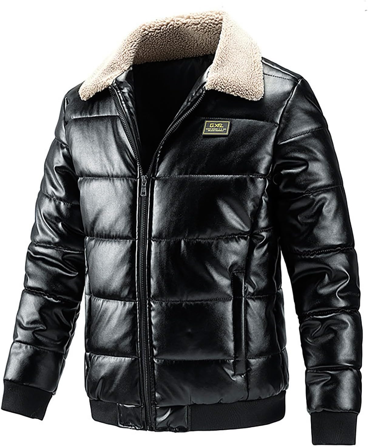 Men's Faux Leather Winter Coats PU Motorcycle Bomber Jacket With Sherpa Collar Zip Up Thicken Quilted Puffer Jackets