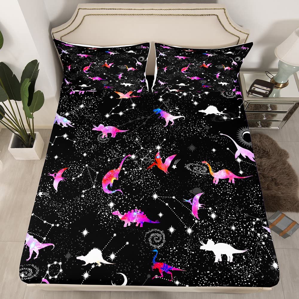 Erosebridal Dinosaurier Bettwäsche-Set 4-teilig – Kingsize, Rosa Batik Mit Sternen & Galaxie-Muster
