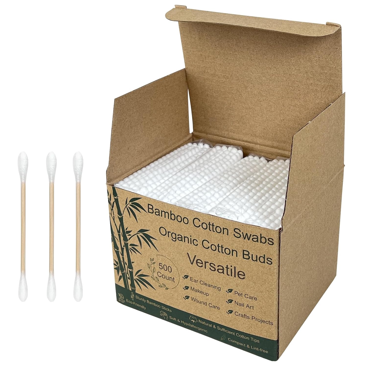 Bamboo Cotton Swabs – Biodegradable Double-Tipped Organic Cotton Buds with Wooden Sticks for Makeup, Personal Care, Ear Cleaning and Pet Grooming (500 Count)