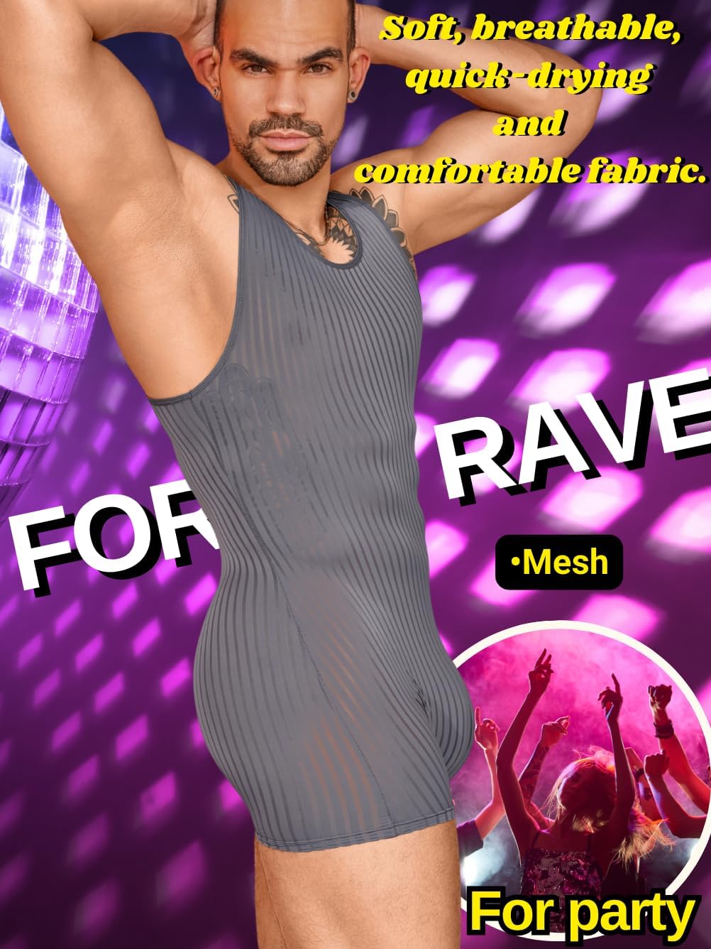Men's Sexy Shapewear, Ribbed Sheer Mesh Lingerie Bodysuit, Sissy Clothes Gay Club, Tank Top Muscle Suit Rave Outfits - Image 6
