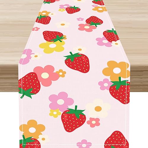 Miniatura 1 de Bonito camino de mesa de fresa, rosa retro de los años 70, diseño floral de verano de los años 70, decoración de mesa auxiliar para el hogar,