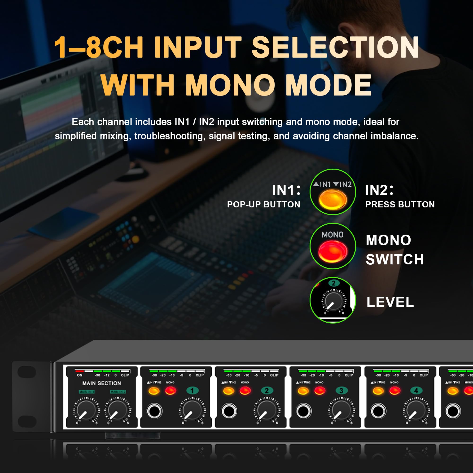 Amplificateur de casque 8 canaux pour casque avec modes stéréo/mono, 16 sorties casque, compteurs LED pour studio et surveillance du son en direct