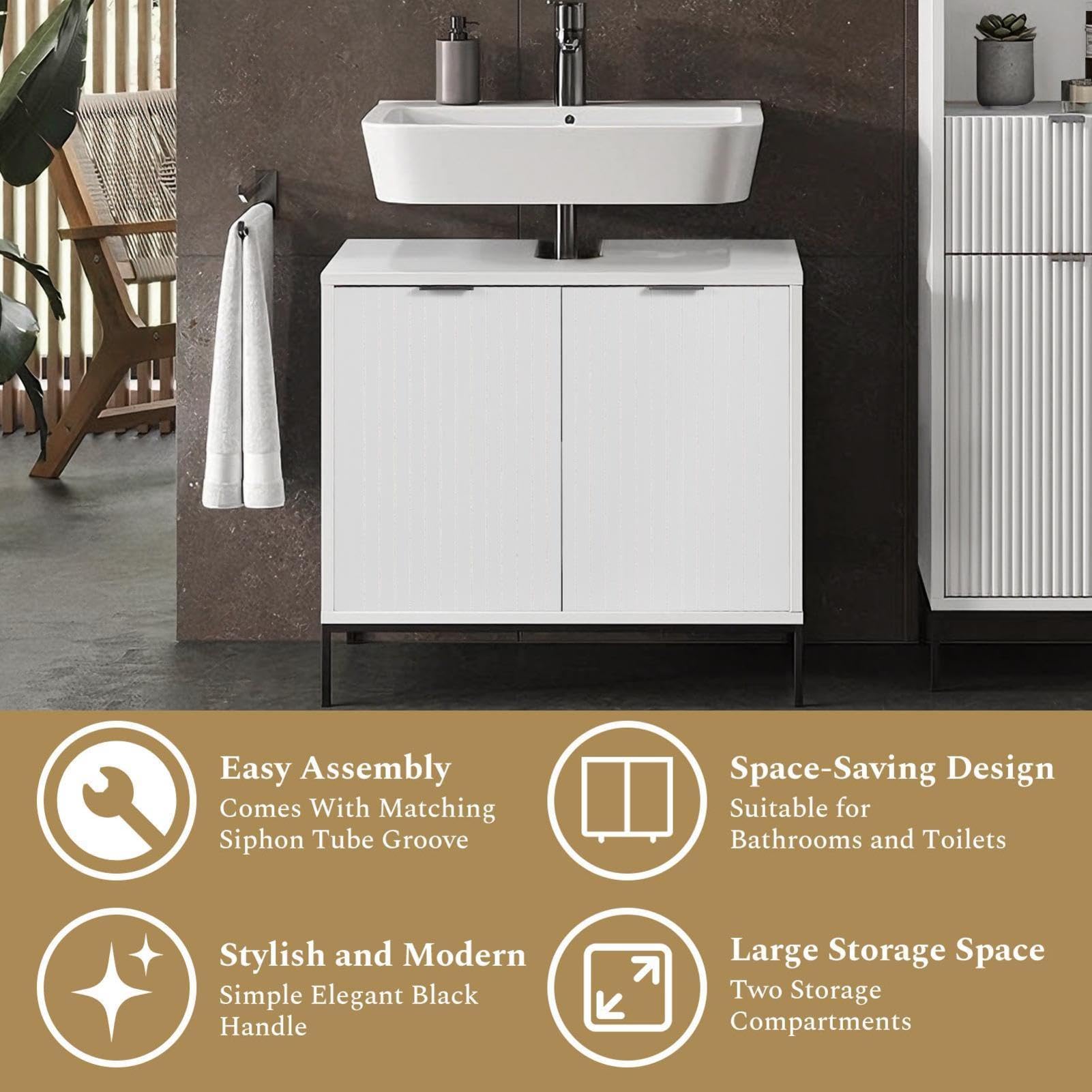 Generisch Mueble bajo lavabo de 70 x 63 x 45 cm con 2 puertas, armario de pie para guardar utensilios de baño y artículos de tocador, color blanco