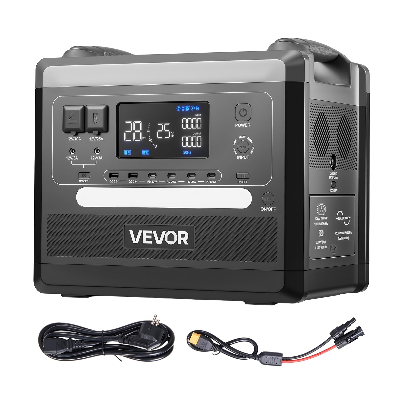VEVOR Estación de Energía Portátil 2160 Wh, Generador Solar 2400 W, para Camping, Vehículos y Actividades de Ocio, 10 Puertos de Salida, Potencia de Entrada Ajustable, Panel Solar no Incluido