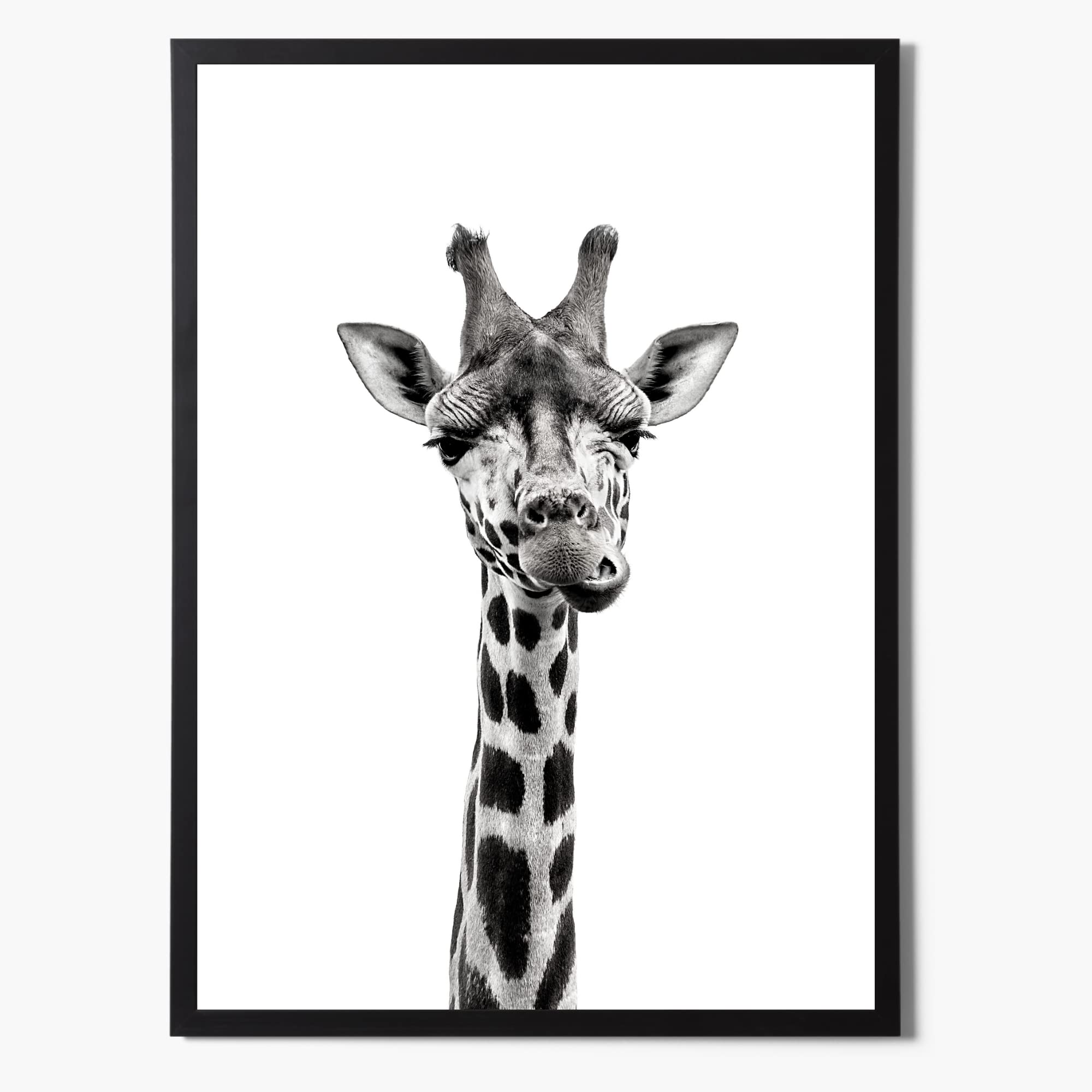 Giraffe Print In Black and White, Modern Simplistic Bathroom/Bedroom Home Decor, Safari Animal Giraffe Wallart (Giraffe, A4 Black Framed)