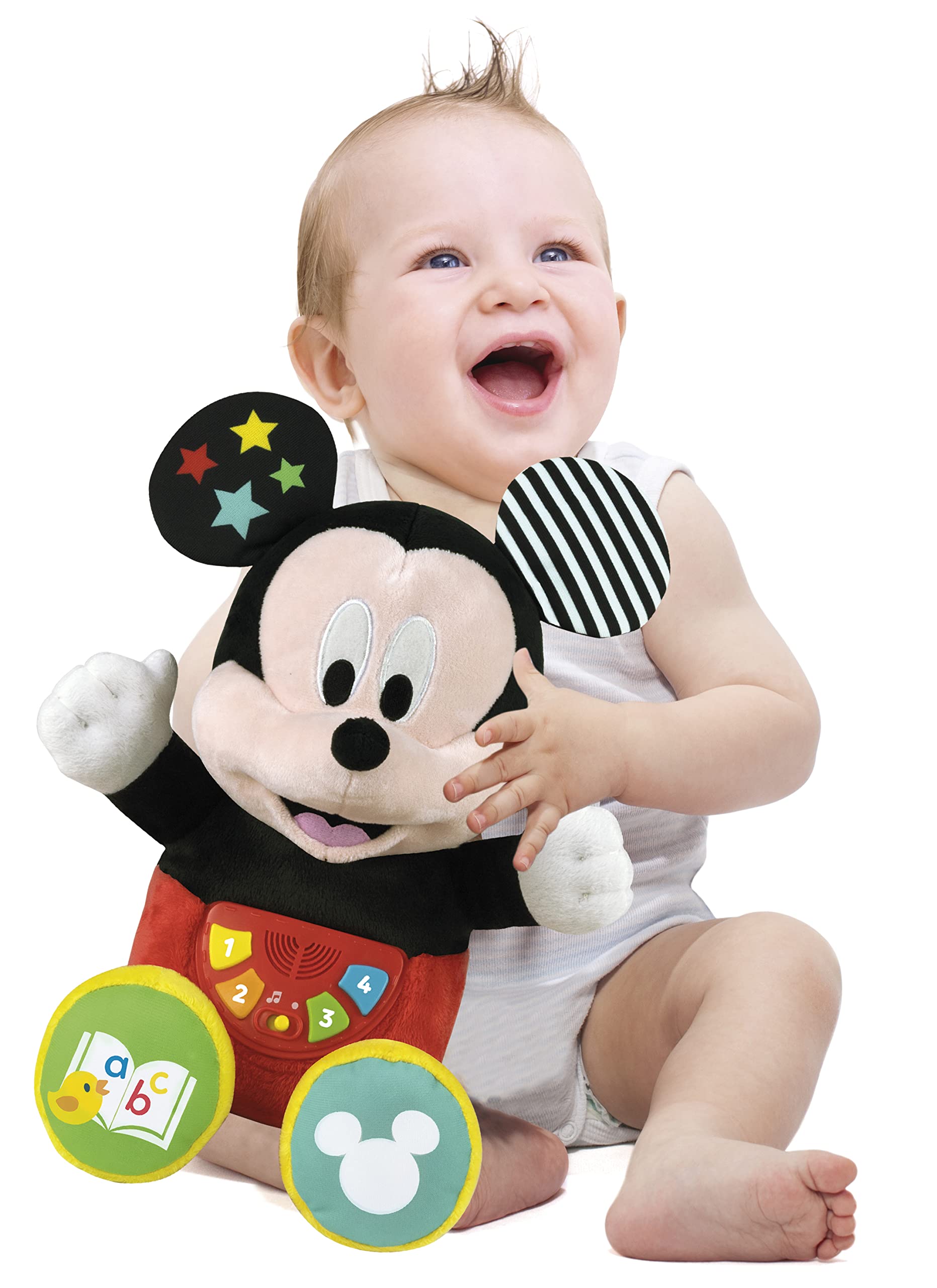Clementoni Baby - Disney Baby Mickey Prime Storie, Peluche Raccontastorie Interattivo per Bambini 12+ Mesi, con 4 Libricini Illustrati, 100% Lavabile, Lingua Italiana, 17734