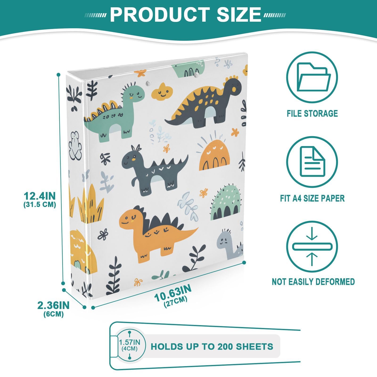 Confezione da 2 raccoglitori a 3 anelli, motivo dinosauro, 3,8 cm, rotondi, con 3 tasche trasparenti, portablocco e contiene 200 fogli, per ufficio, scuola, organizzazione domestica