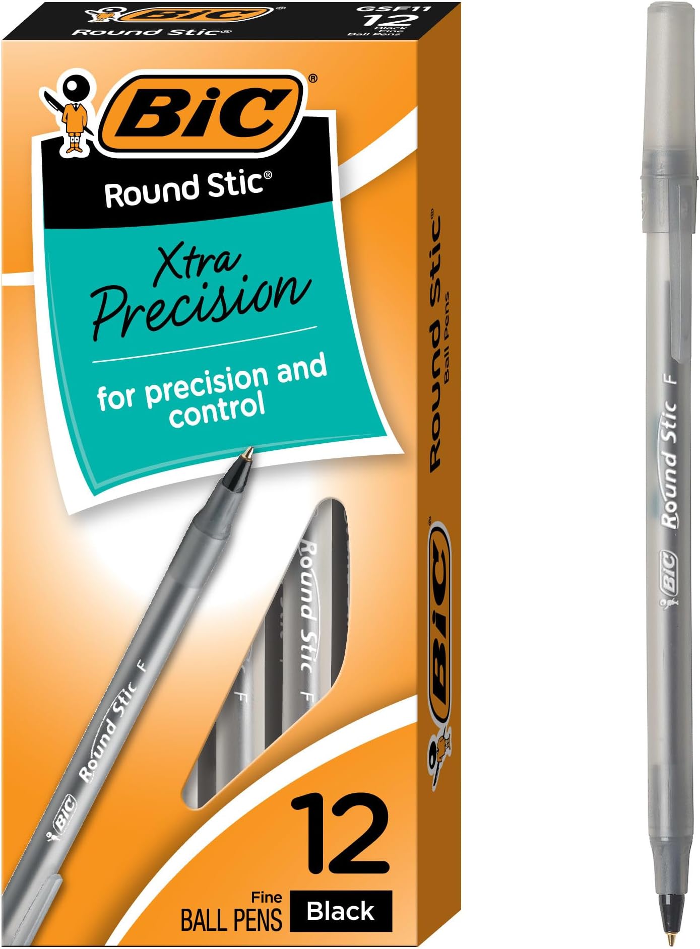 Round Stic Xtra Precision Fine Black Ballpoint Pens, Medium Point (0.8 mm), 12-Count Pack, Excellent Writing Pens