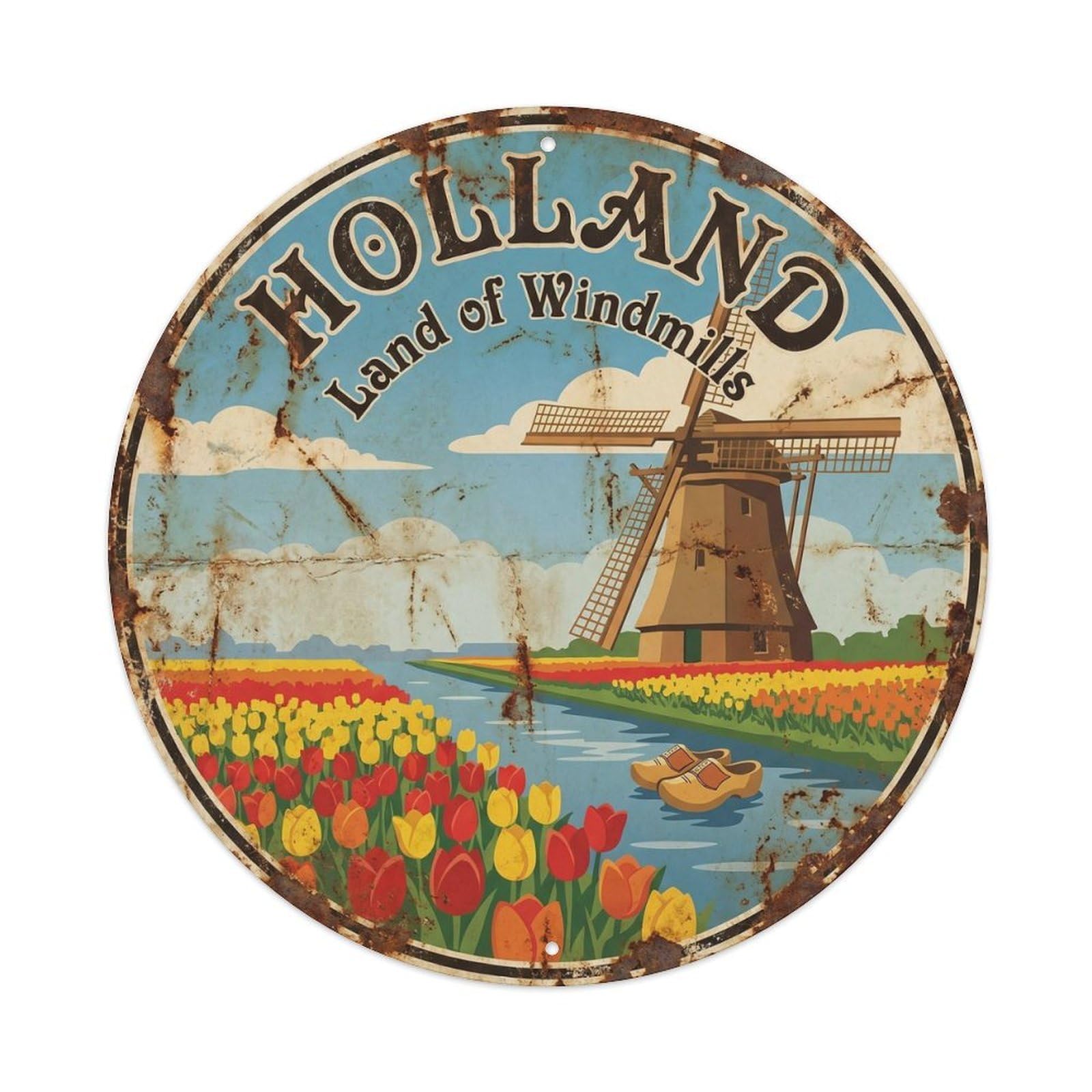 Vintage Travel Dutch Windmill Amsterdam Metal Tin Sign Plaque Wall Decor for Cafe, Club, Garden Round Metal Poster 8x8Inch
