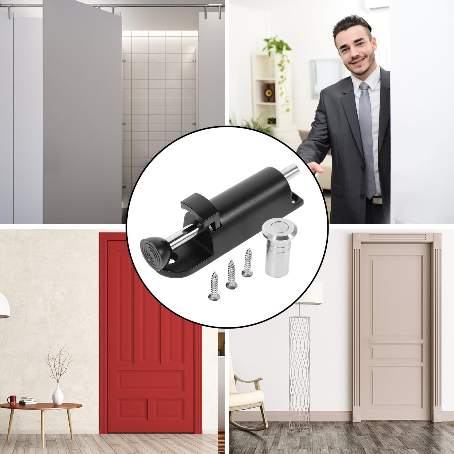 Housoutil Pestillo de Puerta con Resorte de Aleación de Zinc Pestillo Automático sin Perforación para Seguridad Ventanas y Puertas Modelo Pequeño Negro Resistente y Fácil de Usar