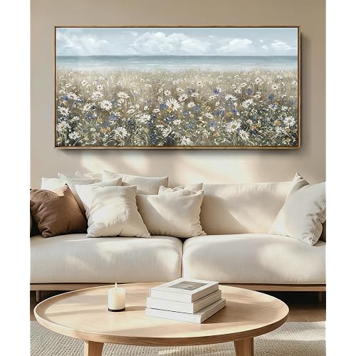 amatop Large Wall Art for Living Room Framed Boho Beach Coastal Floral Ocean Wall Picture Farmhouse Daisy Flower Sea Canvas Print Nautical Neutral Vintage Warm Artwork Home Bedroom Office Decor 48x24