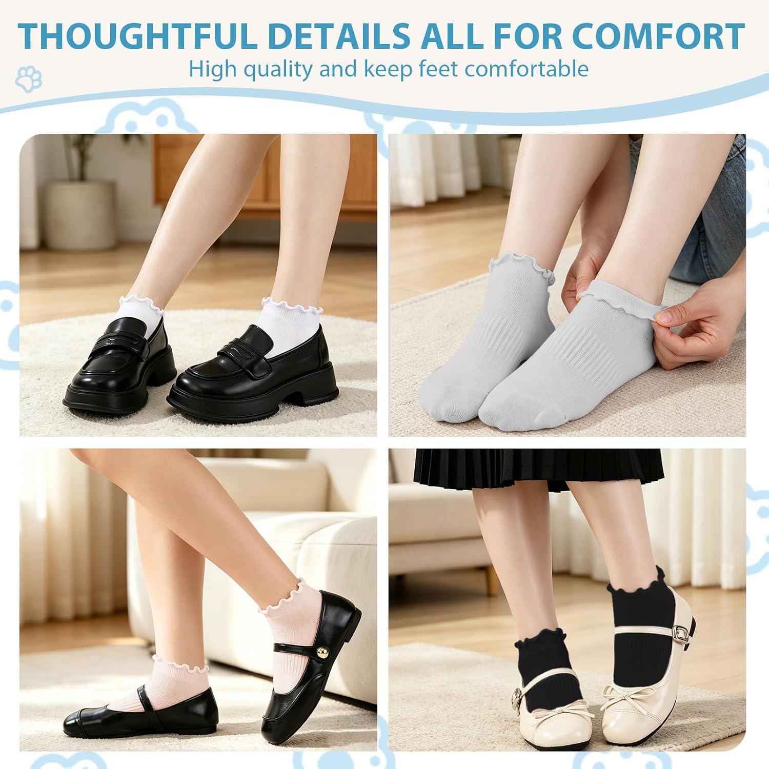 Women's No Show Socks, 8 Pairs Ruffle Ankle Socks Cute Cotton Low Cut Sock Non Slip Frilly Breathable Sock
