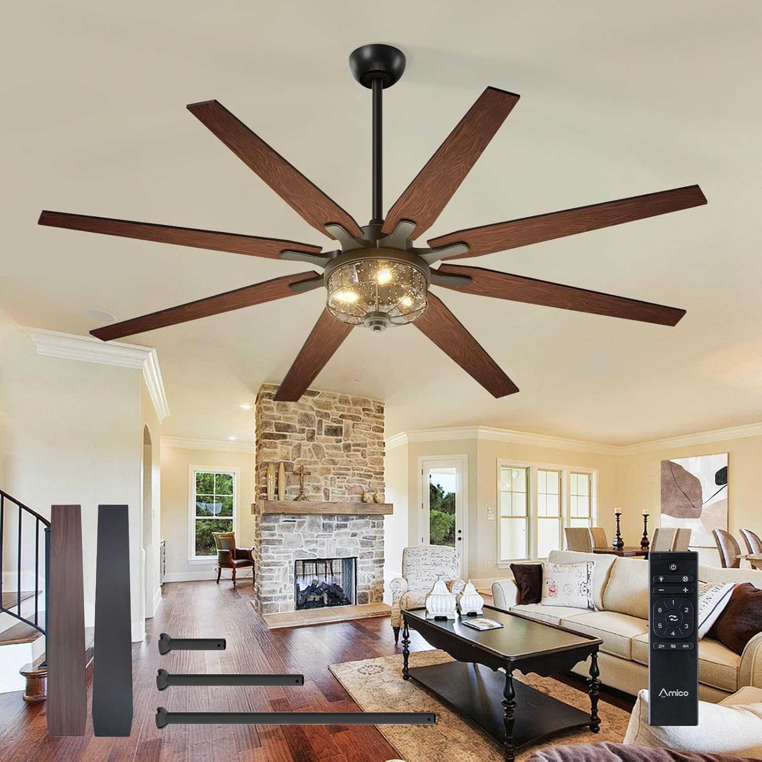 Amico Ceiling Fans with Lights, 65'' Indoor/Outdoor Black Large Ceiling Fan with Remote Control, Reversible DC Motor, 8 Blades, Dimmable, Noiseless, Vintage Large Ceiling Fan for Farmhouse, Bedroom