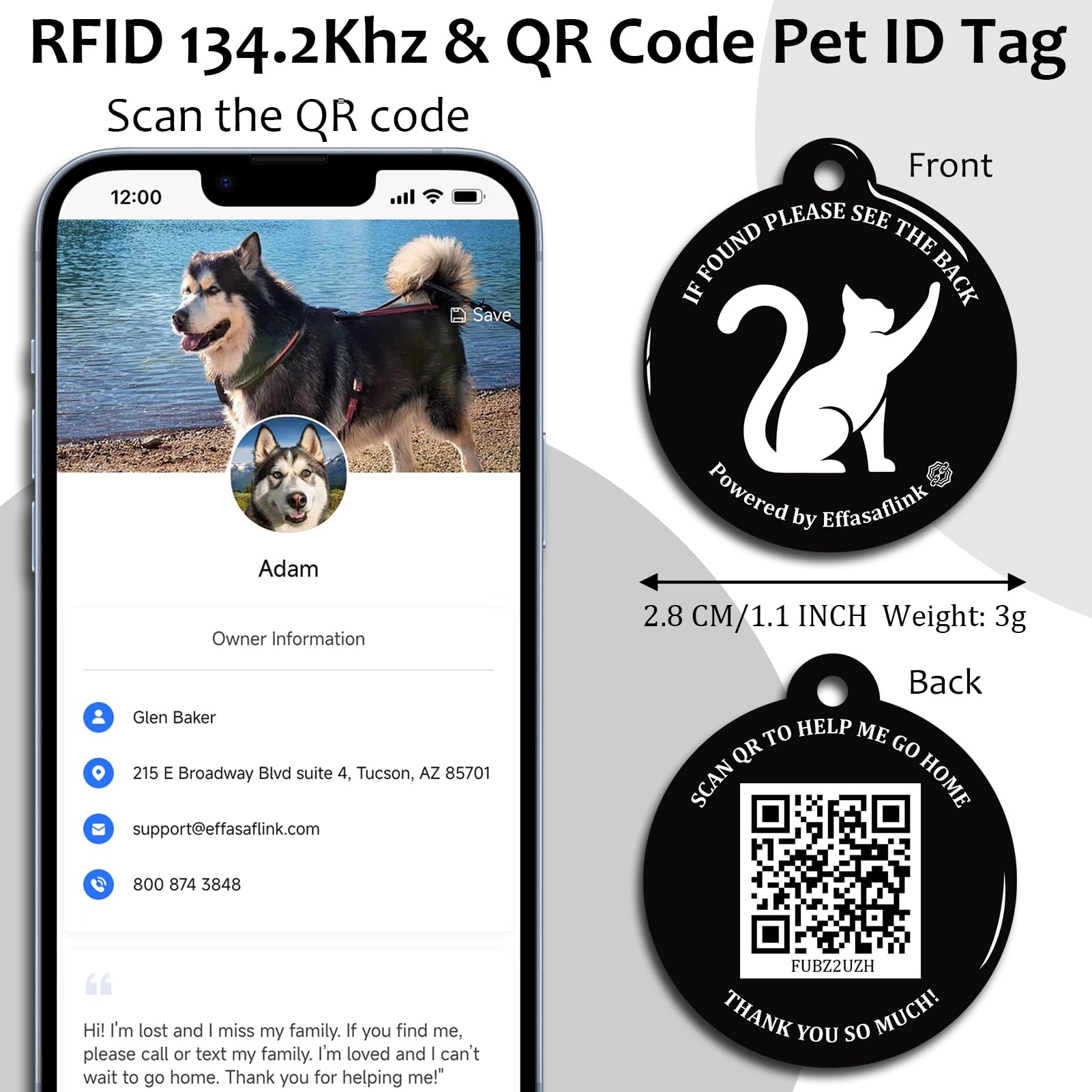 RFID 134.2Khz & QR Code Pet ID Tag, Collar Tag, Dual Function - Scan QR for Helping Lost Pets Go Home, Replace RFID Microchip for Smart Auto Pet Door and Feeder (Black-Cat) - image 2
