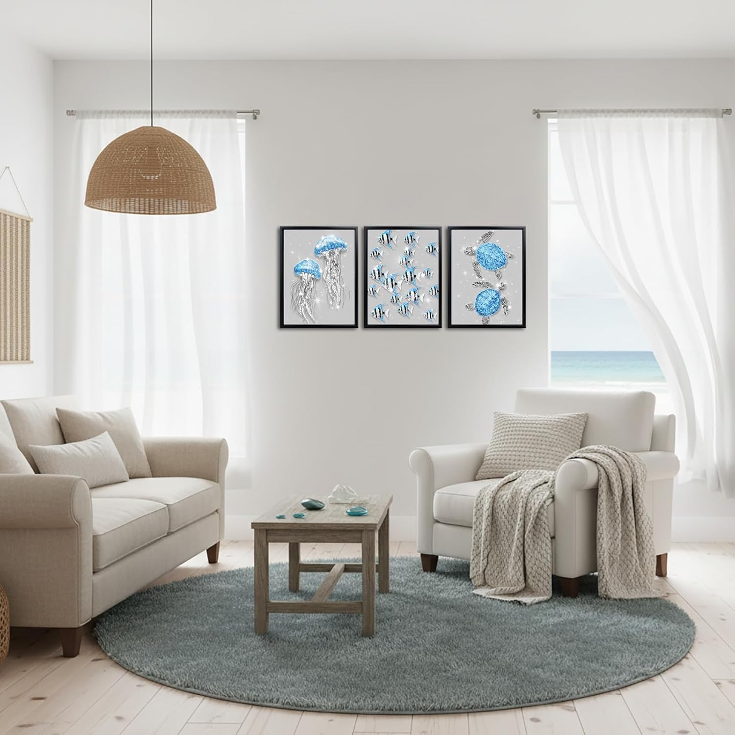 sechars Ocean Animal Wall Art Jellyfish Fish Sea Turtle Picture Prints Glam Blue and Grey Bathroom Decor Framed Artwork (Blue)