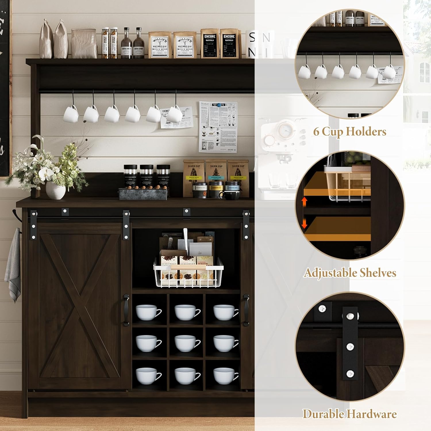 Close-up showing six cup holders, adjustable shelves with three height options, and durable black hardware on the cabinet.