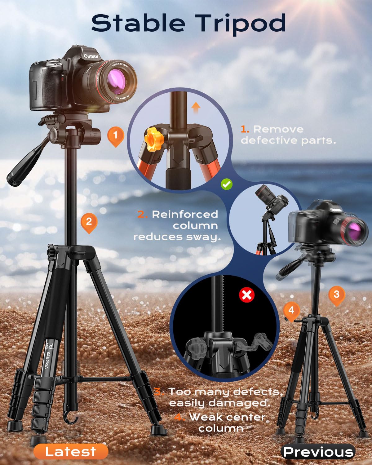 Treppiede per fotocamera da 185,4 cm, compatibile con GoPro/DSLR/cellulare/videocamera, treppiede professionale in alluminio con supporto per telefono, borsa da viaggio, carico massimo 4 kg (nero)