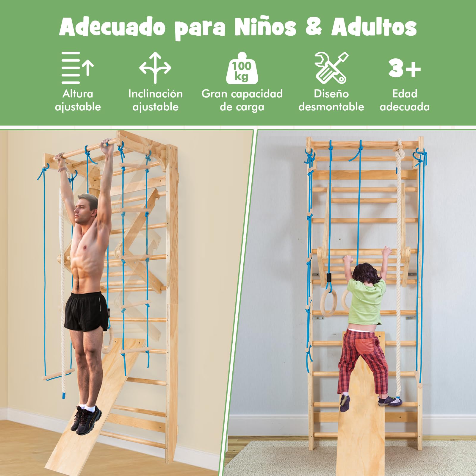 COSTWAY Espaldera Gimnasio Casa, Escalera Sueca Madera, Barra de Dominadas, Equipo de Entrenamiento para Adultos y Niños, Fitness Casa Deportiva Carga 100kg, 80x60x220cm, Natural