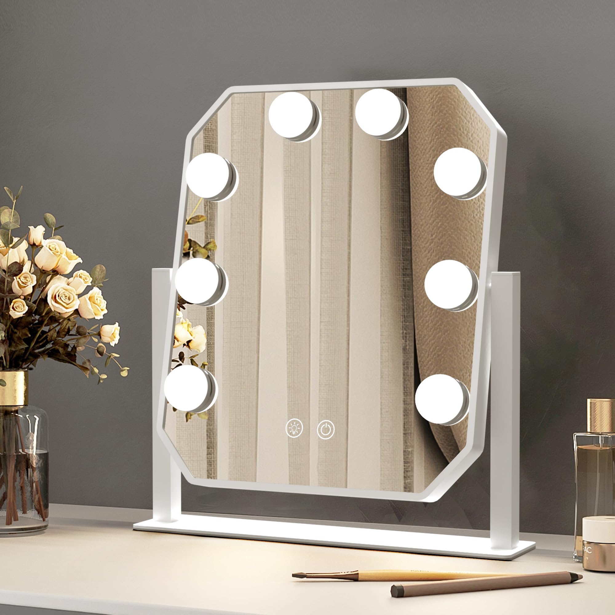 WITFAMILY Kosmetikspiegel mit 8 LED-Glühbirne, Hollywood-Beleuchtungsspiegel, 360° drehbar, 3 farbige Beleuchtungsmodi, verstellbare Lupe, Diamant der neuen Generation (weiß)