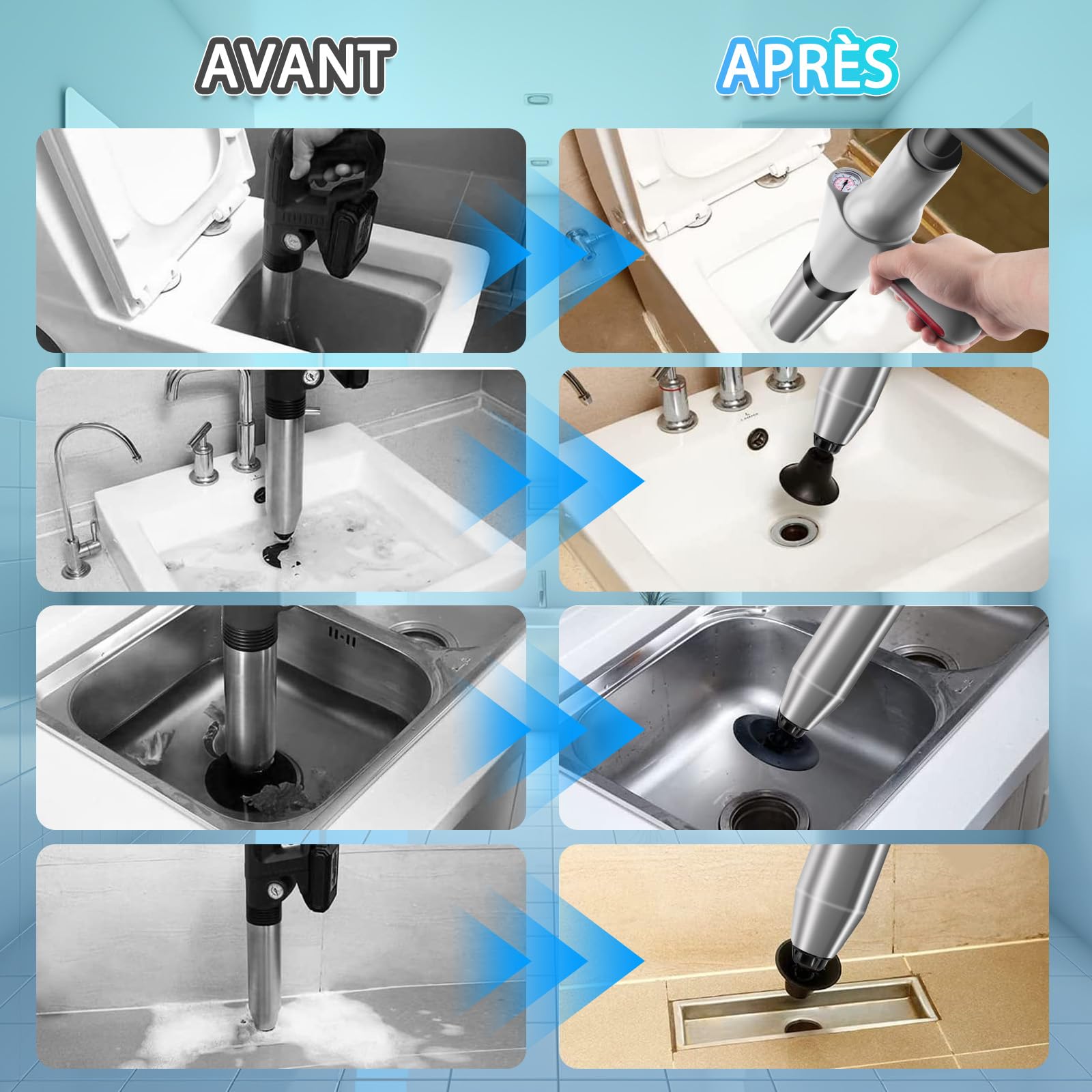 Déboucheur WC Haute Pression avec Manomètren, Ventouse Deboucheur à 4 Ventousesl, Déboucheur de Toilette à Air Comprimé pour Lavabo, Toilettes, Salle de Bain, Douche et Cuisine