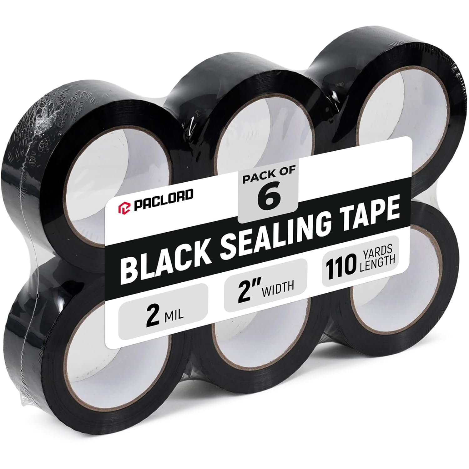 2" x 110 Yards Black Packing Tape, 6 Rolls - 2.0 Mil Carton Sealing Tape – Strong Adhesive Shipping Tape for Moving, Storage & Packaging Boxes
