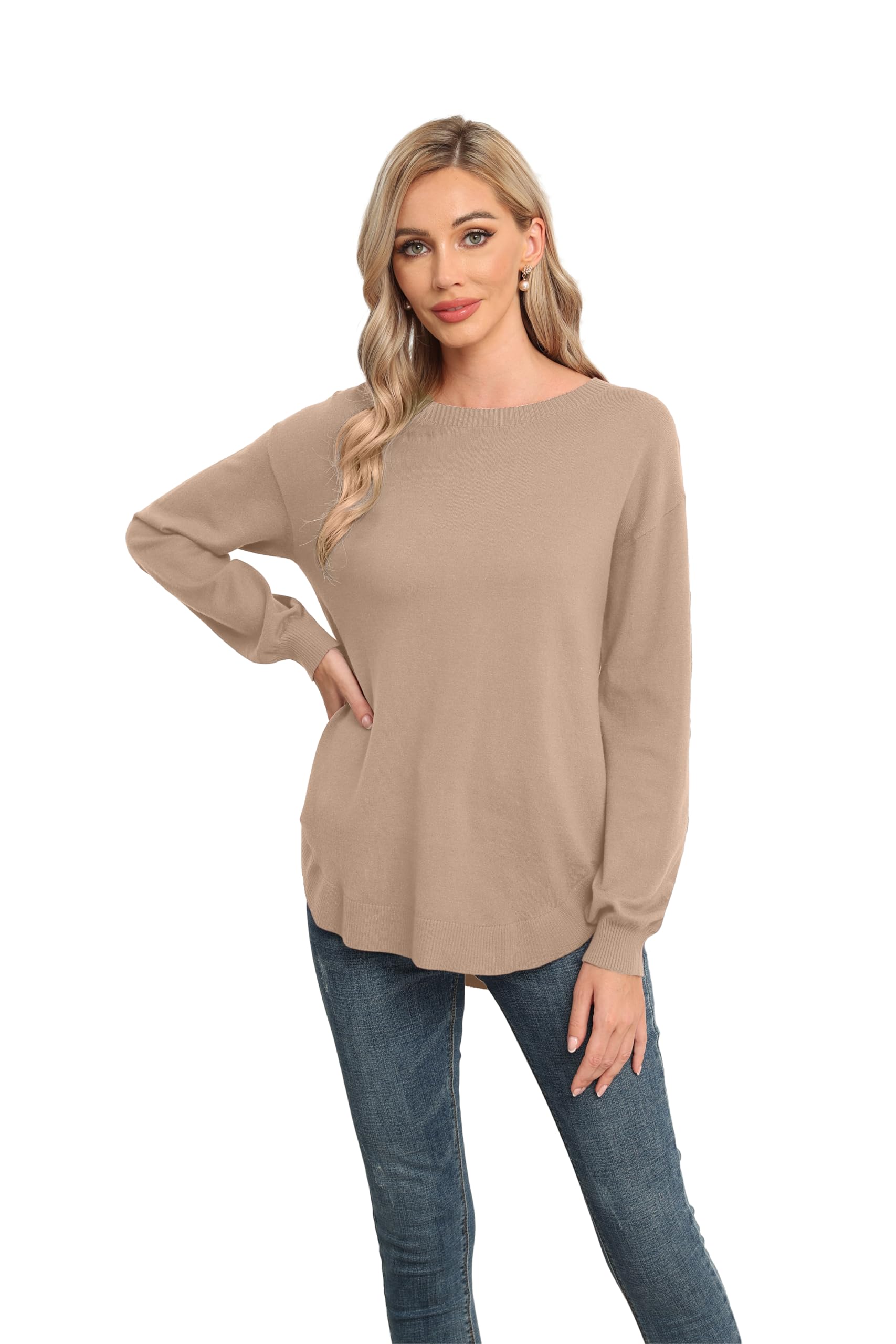 GRECERELLE Suéter de manga larga para mujer, ligero, cuello redondo, suéter casual de punto suave para mujer