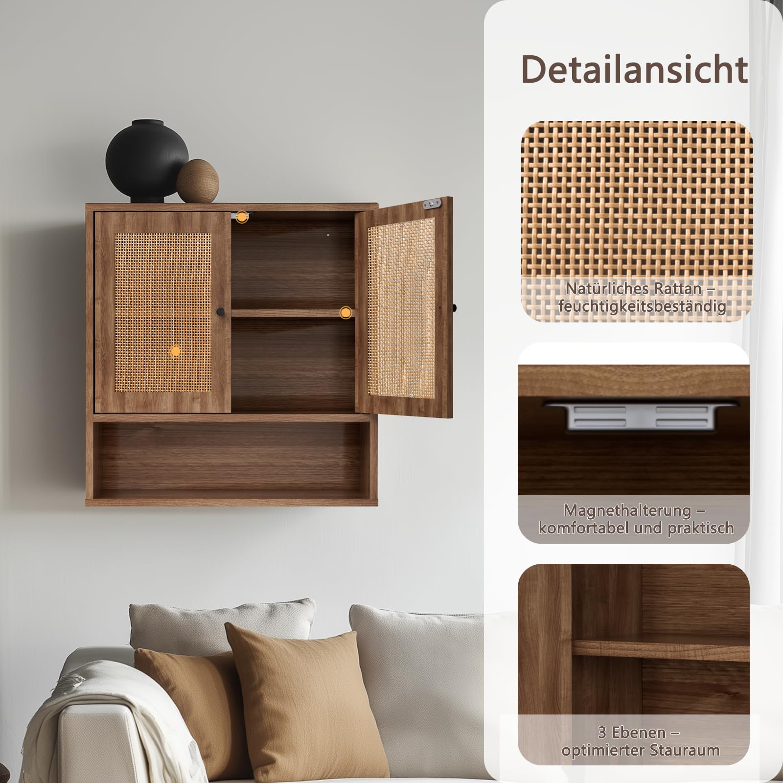 Hängeschrank Bad Badezimmerschrank Wandmontiert, Rattan Hängeschrank mit 2 Türen & offener Ablagekammer, Aufbewahrungsregal über Toilette, Wandregal für Badezimmer Küche Wohnzimmer Waschküche, Walnuss
