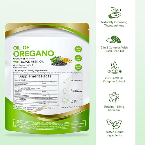Miniatura 5 de Mtmult Aceite de orégano con aceite de semilla negra 6000 mg y moringa, aceite de orégano, cápsulas de aceite de orégano, píldoras de aceite de