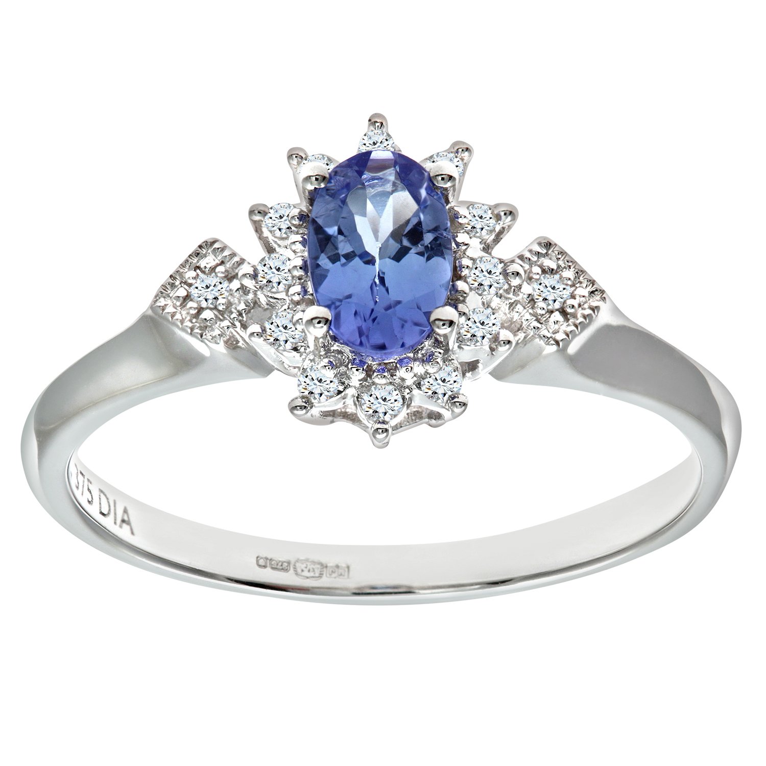 Naava Women's 9 ct White Gold Four Prong Set Round Brilliant Cut Oval Tanzanite with Diamond Cluster and Shoulder Ring