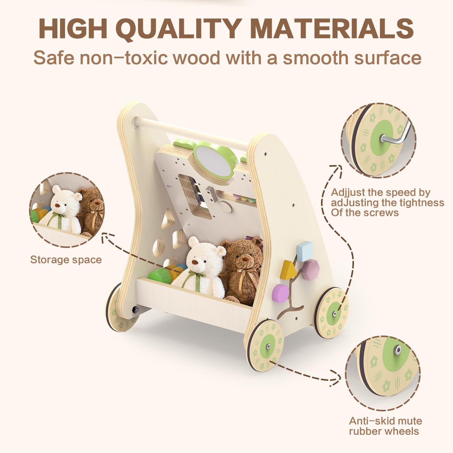 Wooden Baby Walker,Adjustable Speed Push Walker with Wheels and Learning Activity Center,Montessori Walker for Babies 12 Months,Baby Walker Push Toys for Baby Boys and Girls Gifts (Natural)