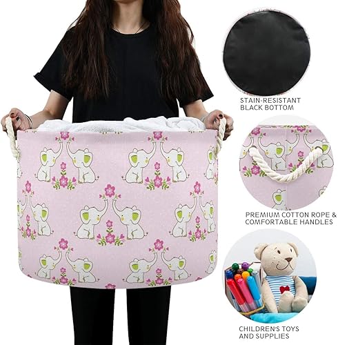 Miniatura 6 de Cesta de almacenamiento con diseño de elefante y flor rosa, cesta redonda para la colada, cesta plegable para la colada de niños con asas para
