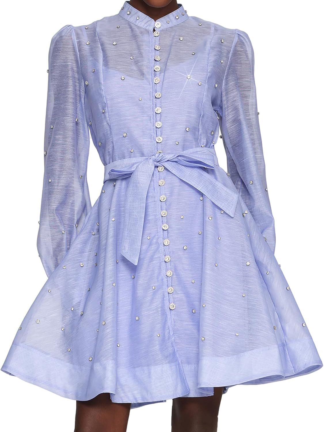 Elegant Black Rainstone Round Neck Long Sleeve Tie Waist Casual Dress