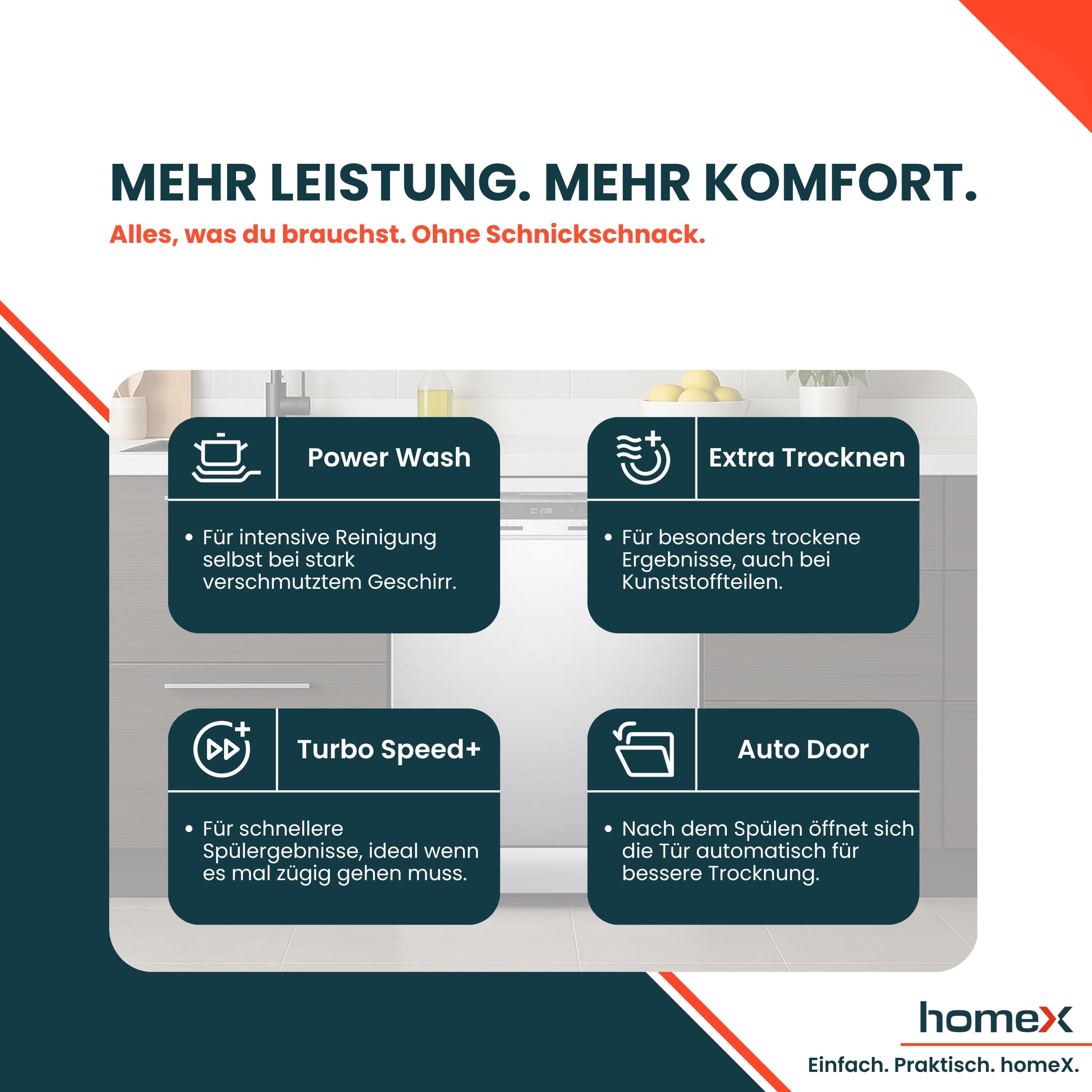 homeX DWFS601442A-S Geschirrspüler 60 cm, Spülmaschine freistehend - 14 Maßgedecke, 9 Programme, Energieklasse A, AquaStop, Besteckschublade, 42 dB, Überlaufschutz, Auto Door, Unterbaufähig, Silber