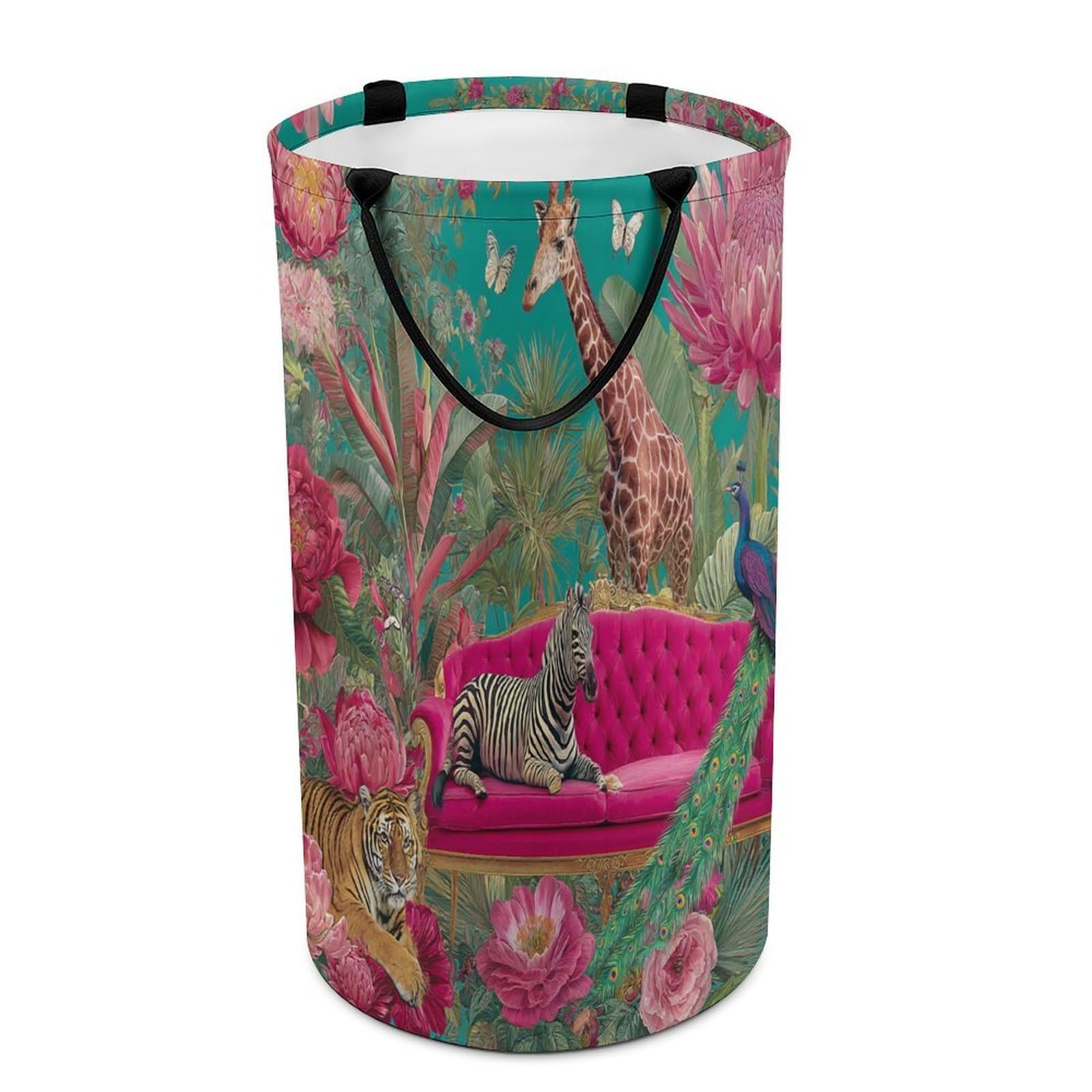 LUYYSKY Vintage Realistic Tiger Giraffe Versatile Storage Laundry Basket, Mid Century Elegant Tropical Animal Zebra Peacock Butterflies Flowers Large Bathroom Hamper With Handle-40 CM Dia, 69 CM High