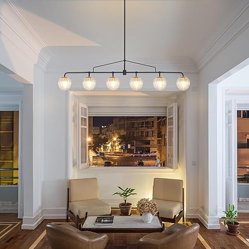 Miniatura 9 de Candelabro Lineal Moderno Negro y Dorado Lámpara de Comedor Accesorio de Iluminación Globo de Cristal Sembrado Candelabro Lineal 6 Luces para Granja