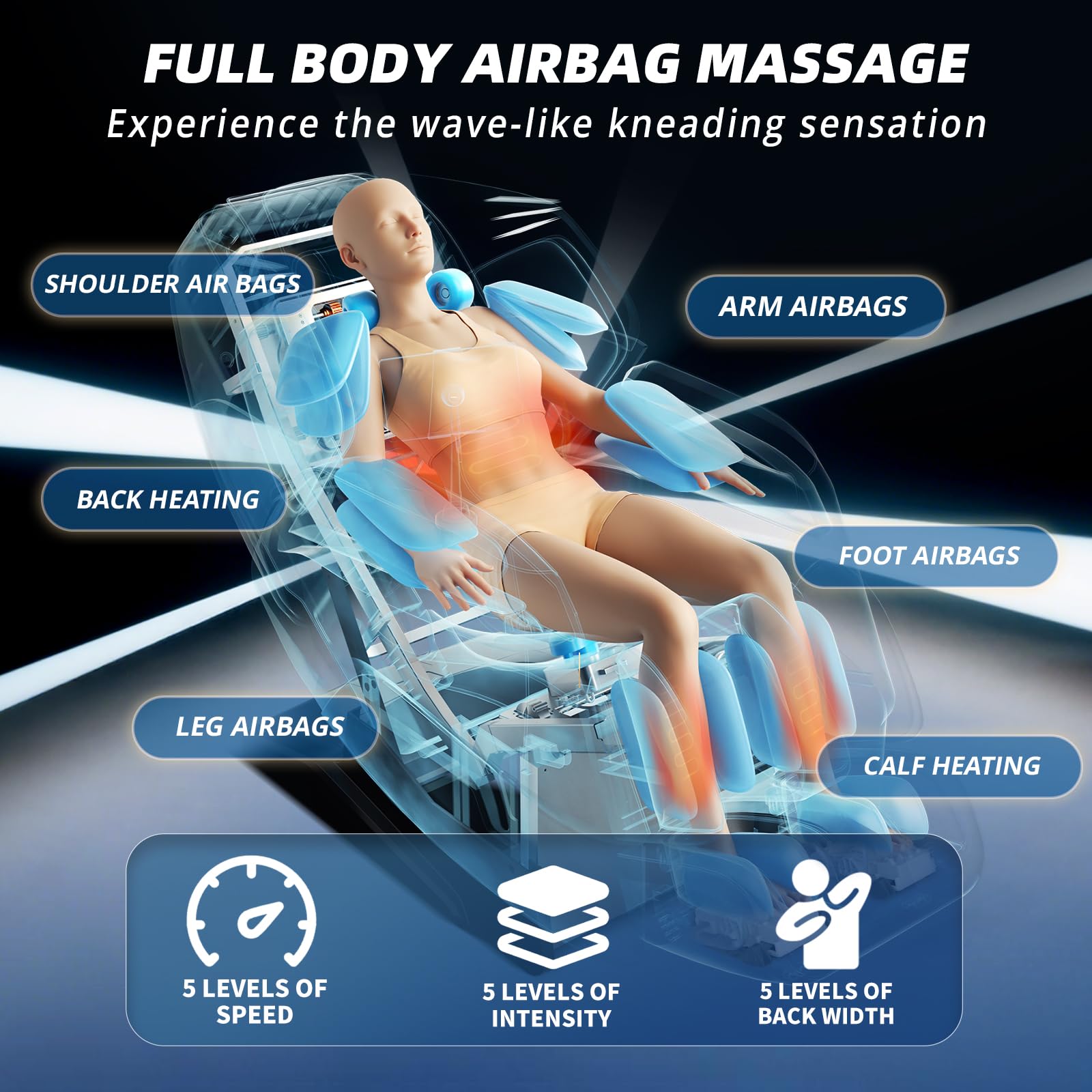 HealthRelife 4D Massagesessel mit Zero Gravity, SL-Schiene, 3D-Heizsystem, Schaukelfunktion, Shiatsu-Massage, Touchscreen-Steuerung Schwarz