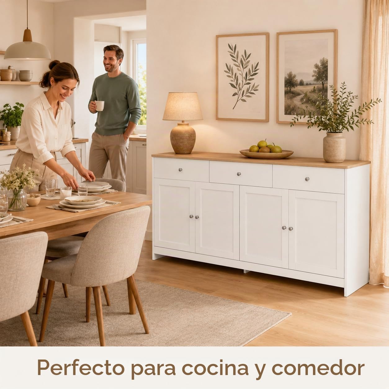 Aparadores para Salon, Aparador Blanco, Aparador Madera, Aparador Comedor, Alacena De Cocina, Armario Buffet con 3 Cajones Y 4 Puertas, Aparadores para Salón Entrada Comedor, 160 x 37 x 75 cm