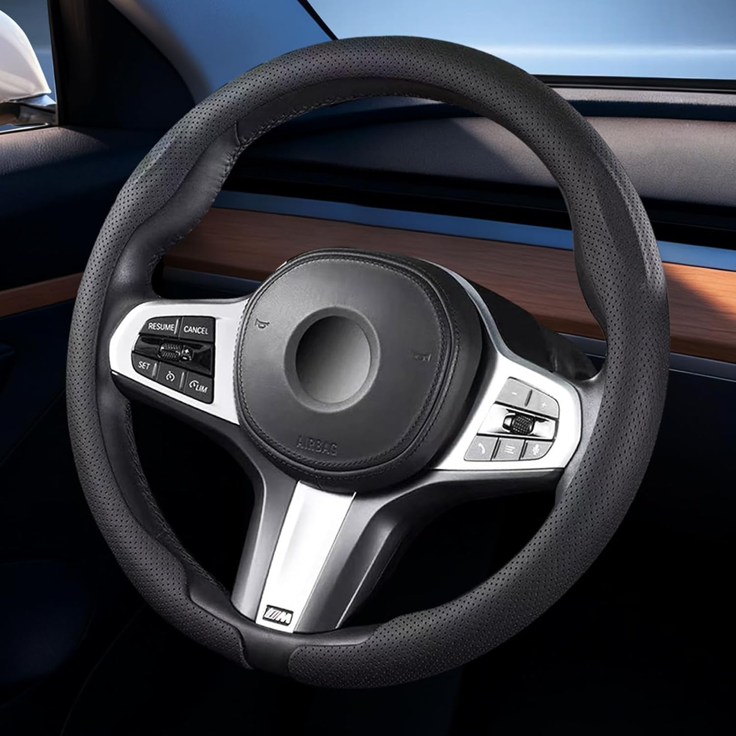 Car Leather Steering Wheel Covers Ultra-Thin Breathable Non-Slip Steering Wheel Protector,Universal Fit 14.5 inch -15 inch Wheel,Black