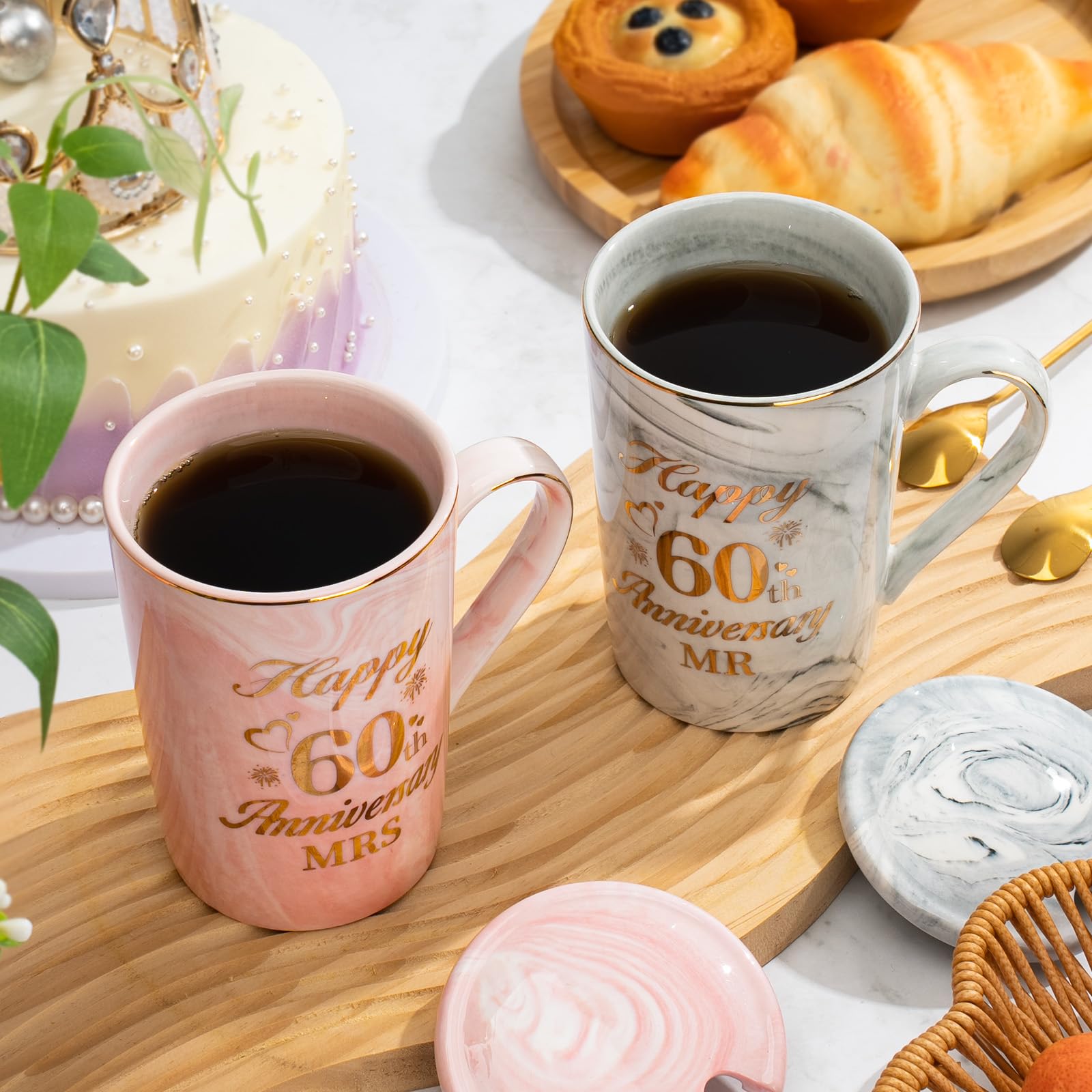 60th Wedding Anniversary GIF-ts, Diamond Wedding Anniversary GIF-ts, 2PCS Happy 60th Anniversar-y Gift Mr Mrs Gifts Diamond Anniversar-y Gifts for Couples Parents, Marble Ceramic Cups 14oz
