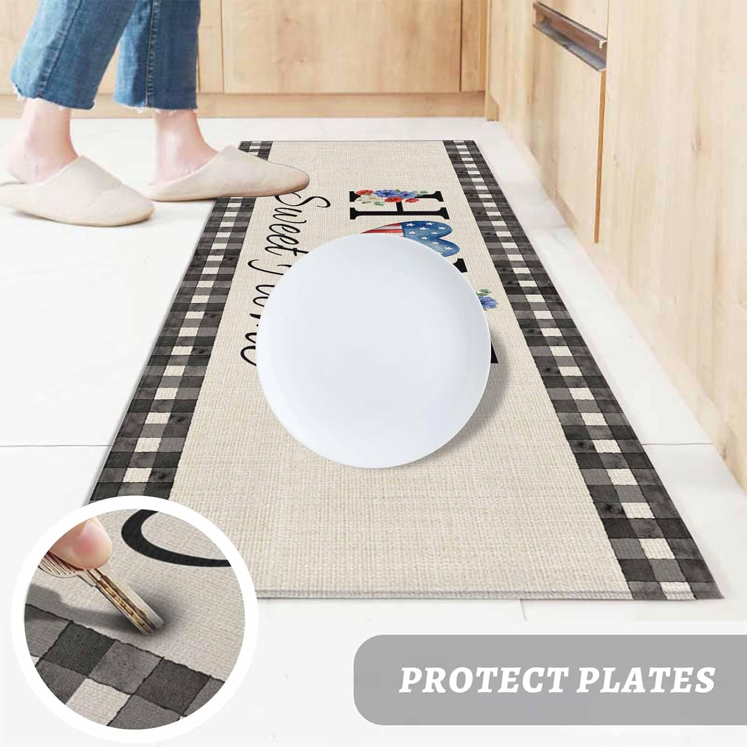 Teamery Kitchen Mats for Floor Independence Day Stripes and Stars Washable Non Slip Kitchen Rugs 2PCS, Red Flower Home Quote Absorbent Standing Mats for Sink Bathroom Office 15.7x23.6in+15.7x47.2in