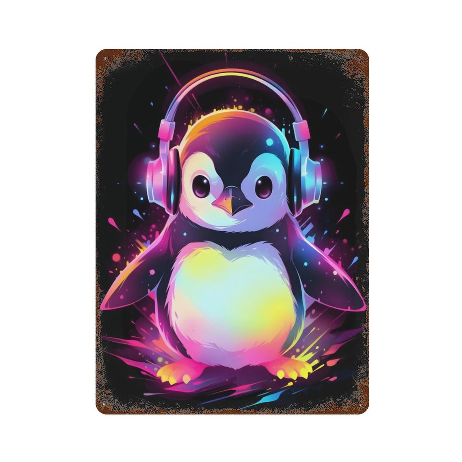 Weathered Tin Sign Colorful Penguin 15.7"x11.8", Rustic Home Decor for Bistro, Counter And Cafe Decor